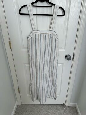 Madewell Cream Pinafore Dress with Blue & Tan Stripes